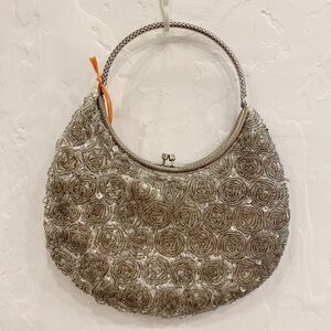 Vintage Beaded & Sequin Embellished Silver Handbag with Metal Handle